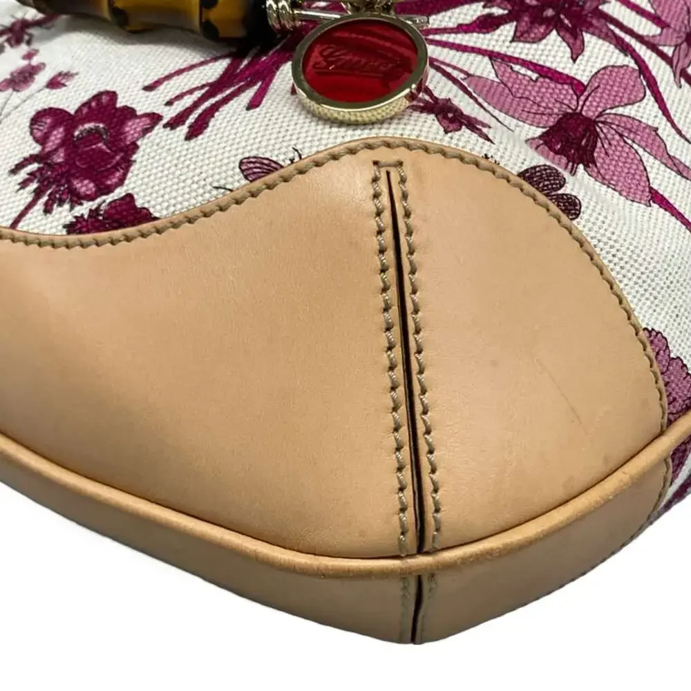 Gucci Flora/Bamboo Handbag 169961 Bordeaux Cream Beige Canvas Leather